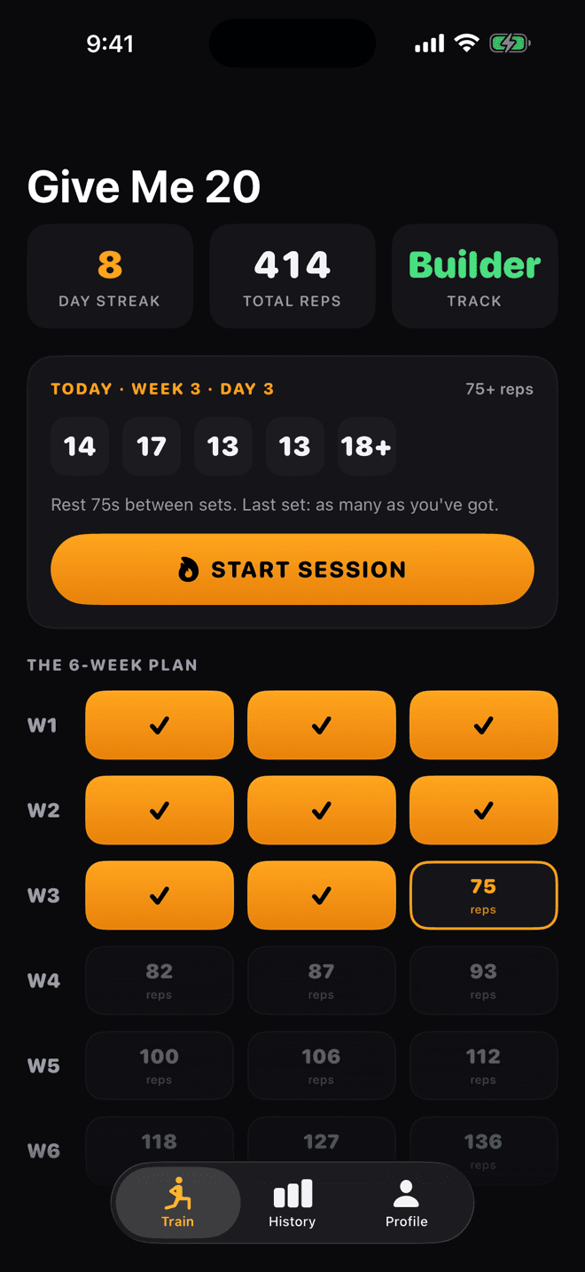 The 6-week plan grid with completed days checked off in amber